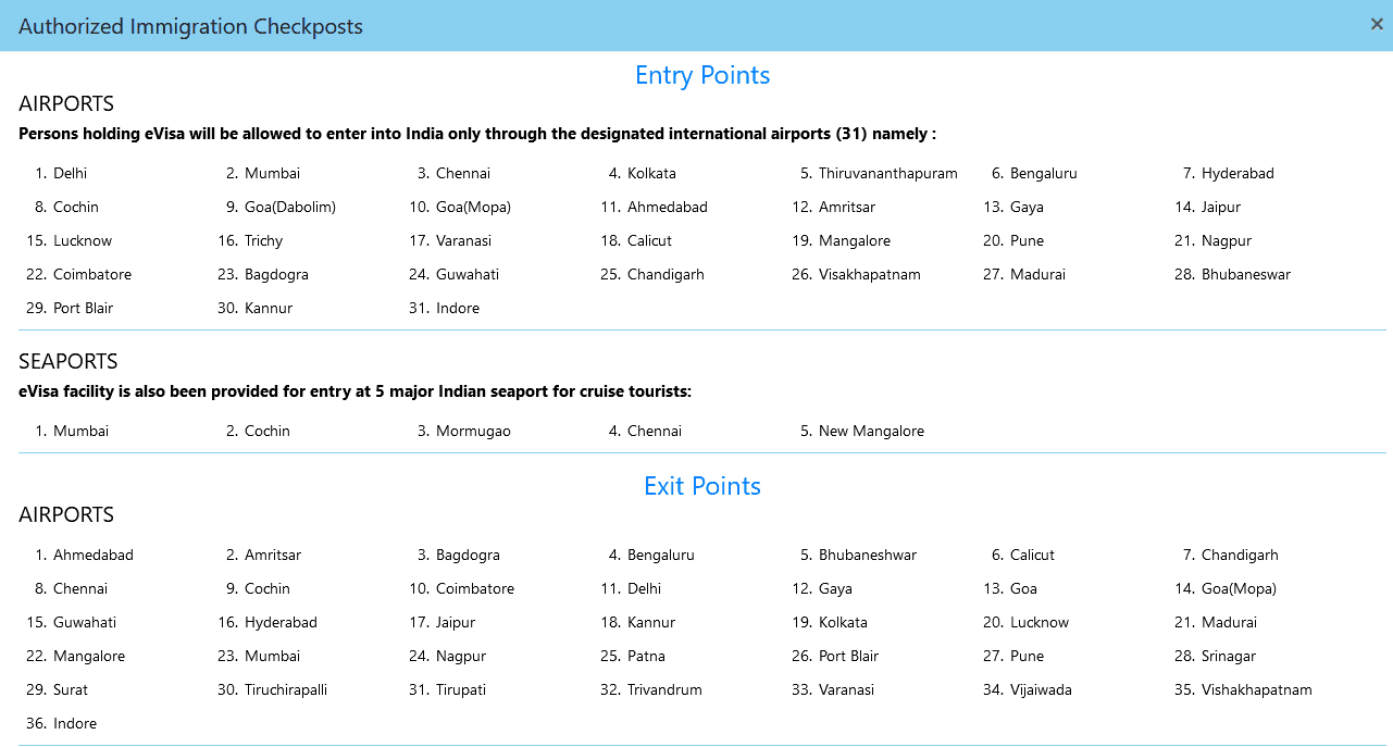 Список разрешенных точек въезда и выезда из Индии в 2024