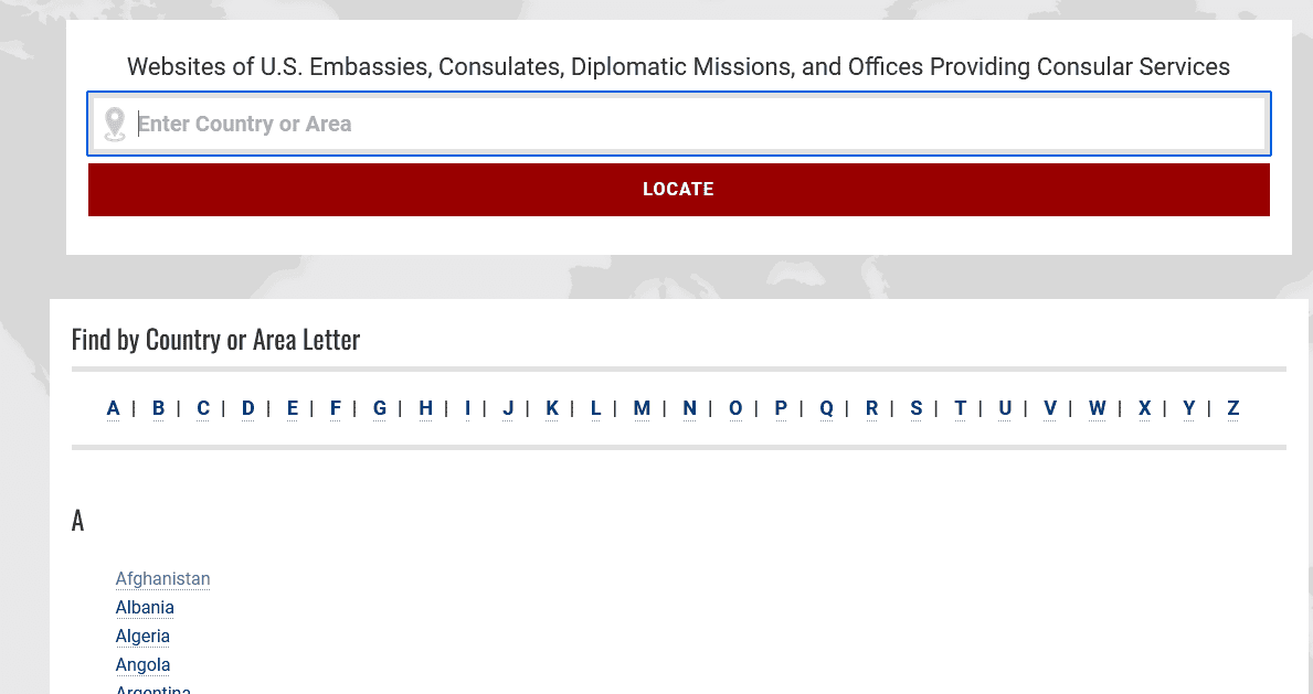 На сайте удобный функционал для поиска представительств США по всему миру